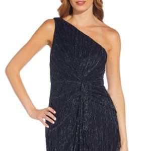NWT Adrianna Papell Stardust Pleated Draped One Shoulder Gown in Navy Night